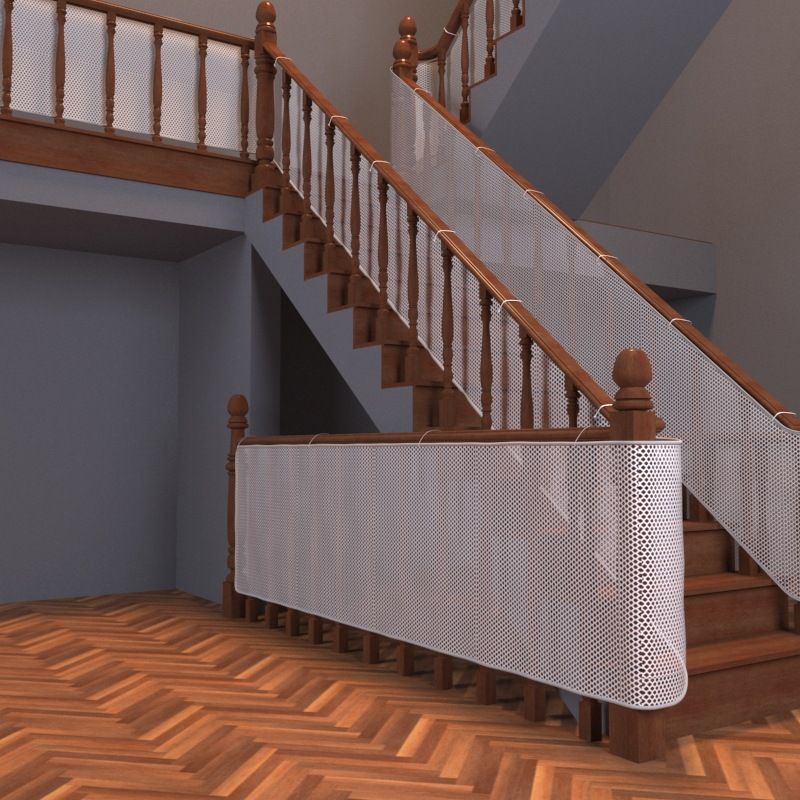 White child safety net for baby proofing stairs and balcony railings, durable mesh guard from Everything Baby.