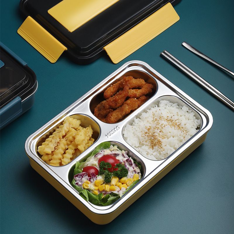 Stainless steel bento box with four compartments, insulated bag, and cutlery for kids and adults, perfect for packed lunches.