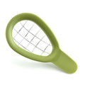 Stainless steel avocado cube maker and fruit cutter with slicer, dicer, and peeler for kitchen food prep.