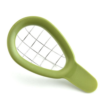 Stainless steel avocado cube maker and fruit cutter with slicer, dicer, and peeler for kitchen food prep.
