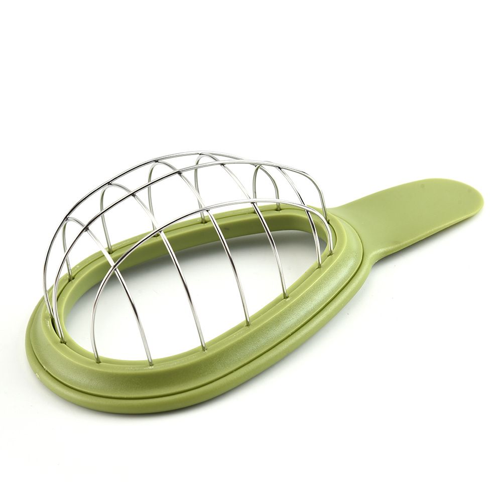 Stainless steel avocado cube maker and fruit cutter with slicer and peeler, ideal for kitchen prep of avocados and kiwis.