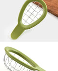 Stainless steel avocado cube maker and fruit cutter with avocado slicer, kiwi dicer, and peeler on kitchen countertop.