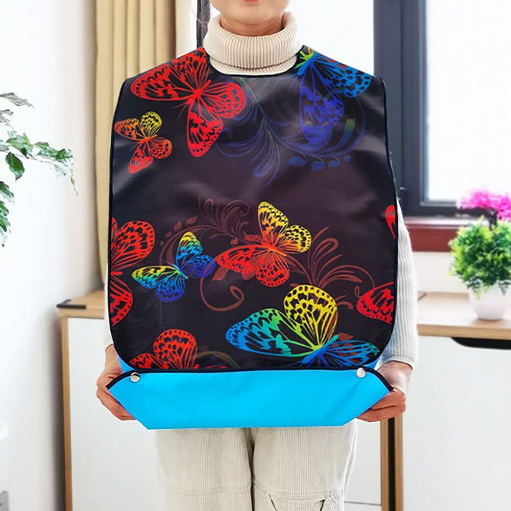 Adult butterfly-shaped waterproof bib with adjustable neck strap, reusable dining clothing protector for adults.