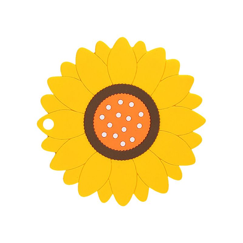 Set of three yellow sunflower-shaped coasters with flower design, heat insulation mats for hot and cold drinks, ideal for home use.