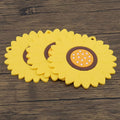 Three yellow sunflower-shaped coasters with floral design, heat insulation mats for hot and cold drinks, by Everything Baby.