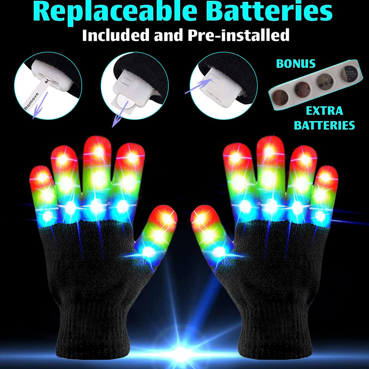 Pair of light-up gloves for kids ages 3-12 from Everything Baby, perfect for outdoor play, Halloween, Christmas, and birthday parties.