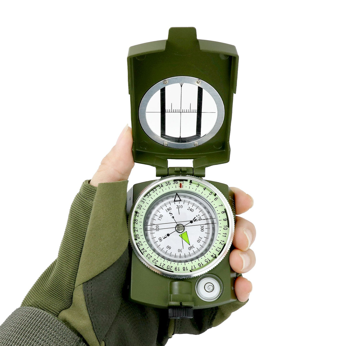 Baby and kids outdoor toy compass with military-style sighting and navigation features, suitable for backpacking and Boy Scout activities.