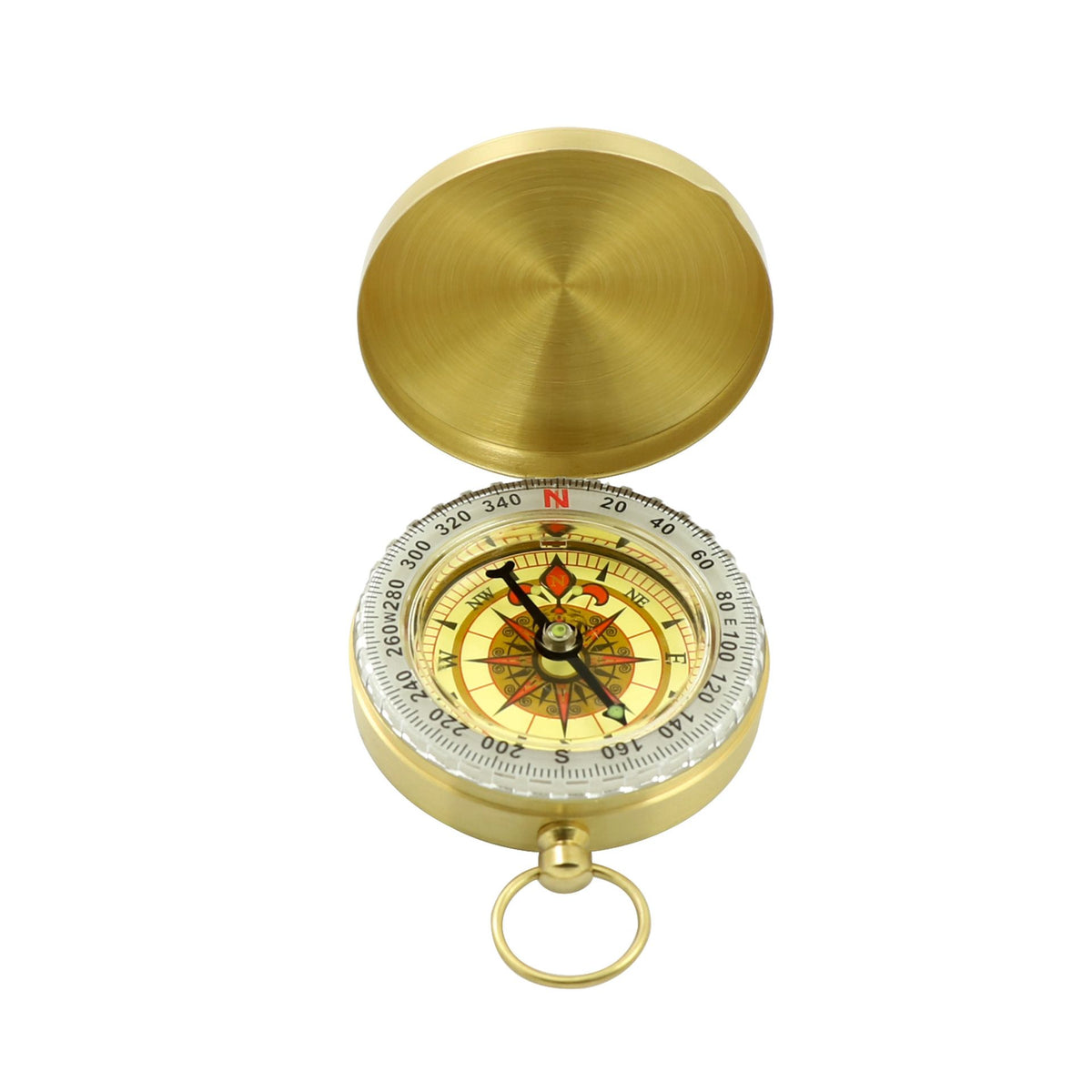 Gold brass pocket compass for camping and hiking, with outdoor navigation features, ideal for wilderness survival and orienteering.