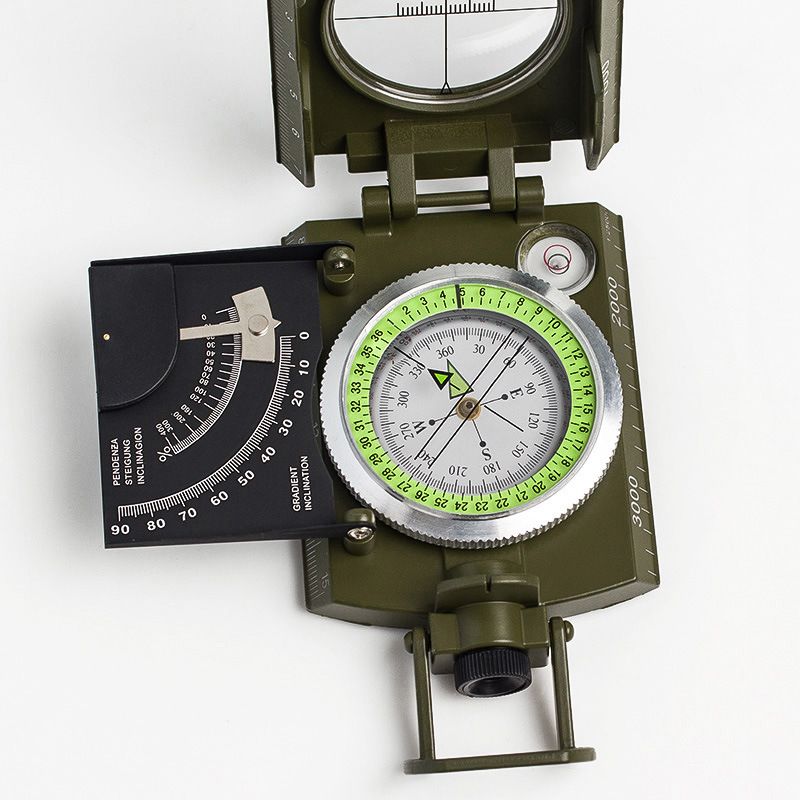 Impact-resistant waterproof military compass with sighting and inclinometer features for hiking and outdoor adventures.