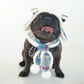 Cute bulldog costume with warm flap ear wrap hood and scarf for pets, ideal for winter, Halloween, Christmas, and birthday parties.