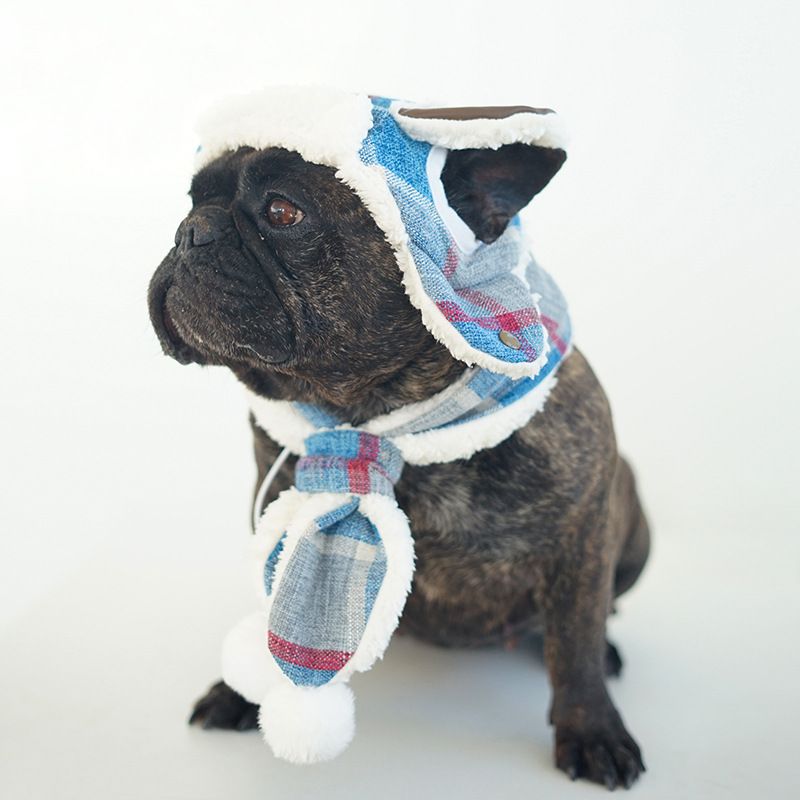 Cute bulldog costume hood with warm flap ears and scarf for pets, ideal for winter, Halloween, Christmas, or birthdays.