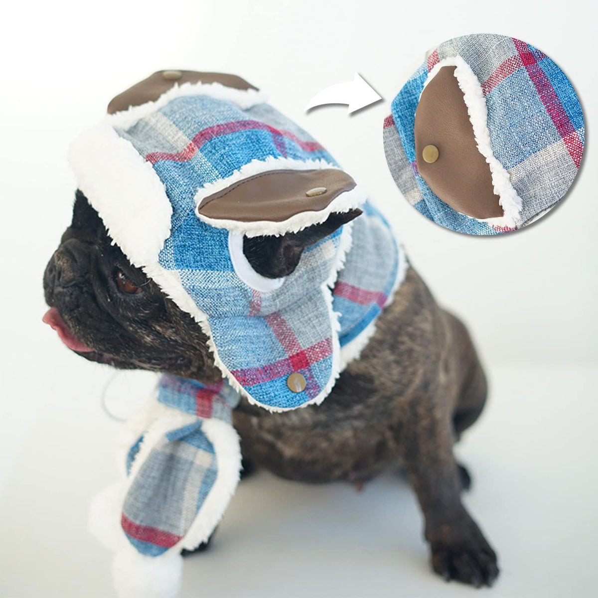 Baby boy wearing warm bulldog costume hood with flap ears and scarf, suitable for winter, Halloween, Christmas, and birthday parties.