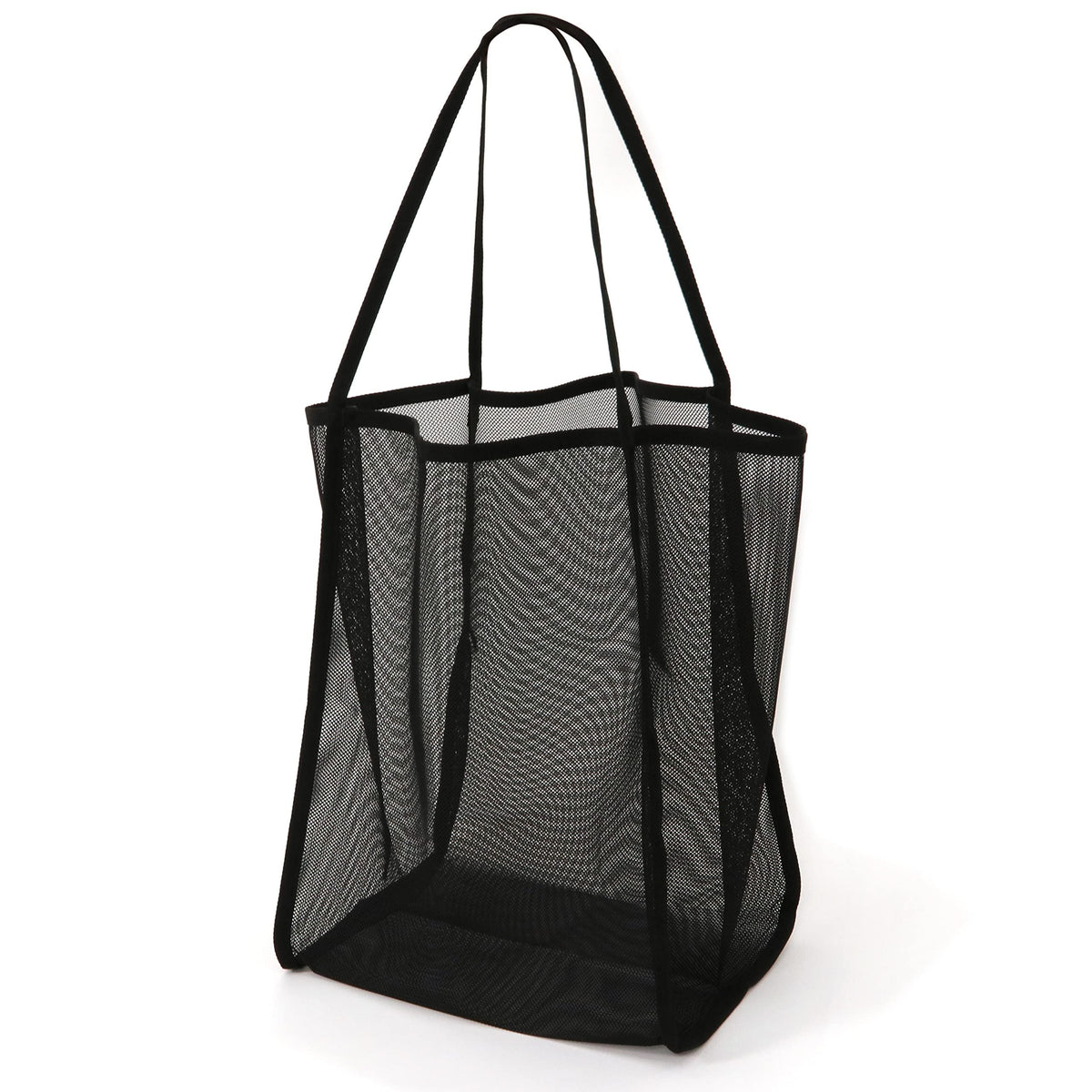 Black mesh beach tote bag for kids and women, lightweight, foldable, durable outdoor shopping and swim toy carrier.