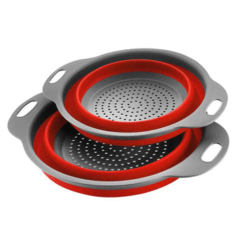 Large and Small Collapsible Colander Folding Strainer Kitchen Strainer for Draining Pasta Vegetable Fruit, 2 Pieces, Red Round