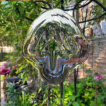 Large metal angel wind spinner for yard and garden, outdoor 3D hanging wind spinner with colorful angel figurine.