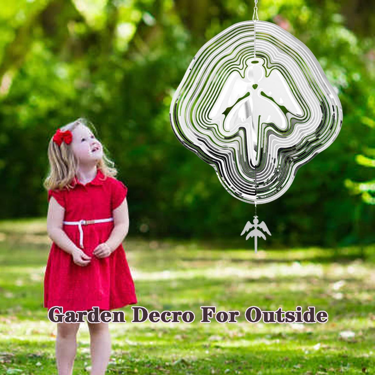 Large metal angel wind spinner for yard and garden, outdoor 3D hanging wind toy with colorful, detailed angel figurine.