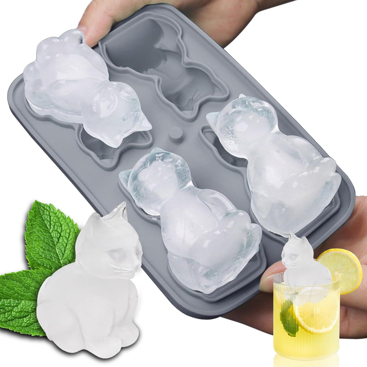 3D cat-shaped silicone ice cube mold for bourbon and gin, reusable fun ice molds for bartending, novelty cat design.