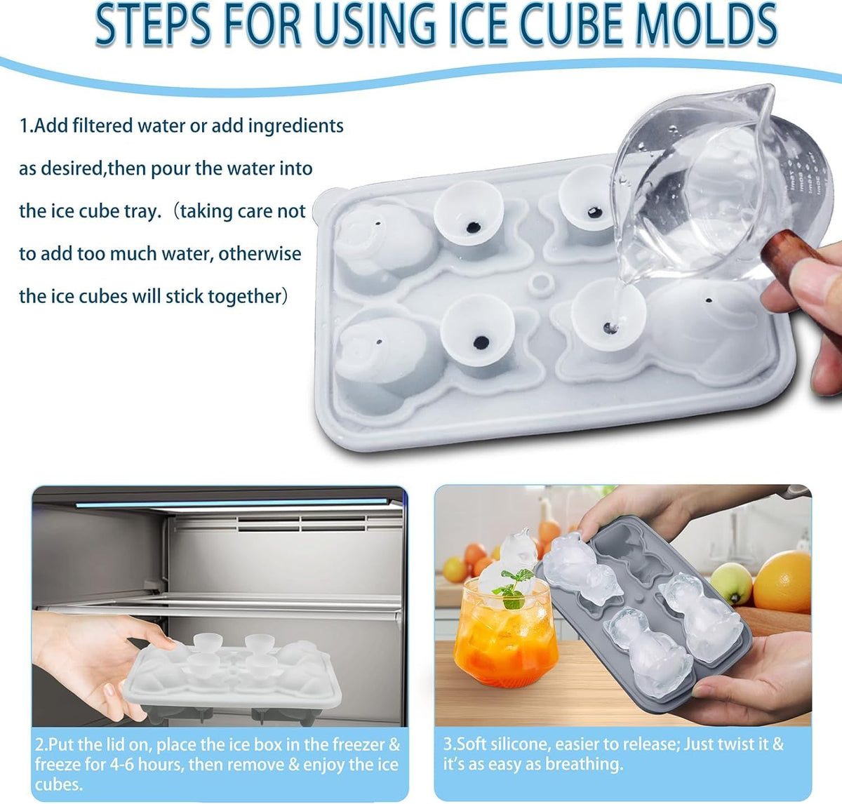 Silicone 3D cat-shaped ice cube mold for bourbon and gin, reusable fun ice molds for bartending and novelty ice cubes.