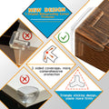 Four transparent silicone baby safety corner protectors on a table edge for child anti-collision protection by Everything Baby.