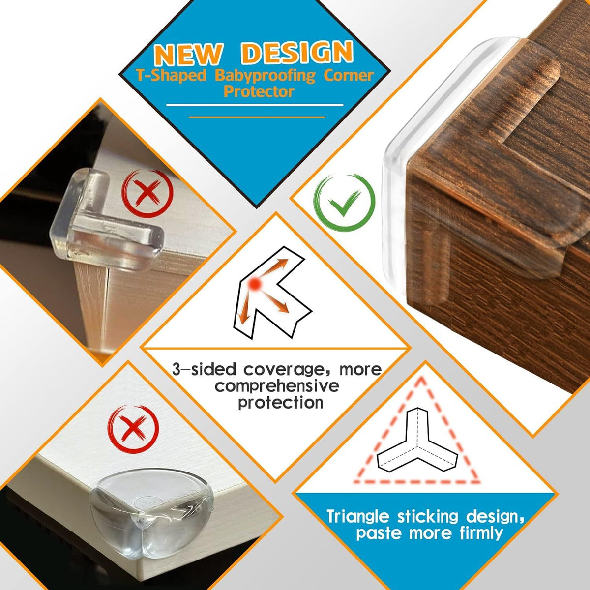 Four transparent silicone baby safety corner protectors on a table edge for child anti-collision protection by Everything Baby.