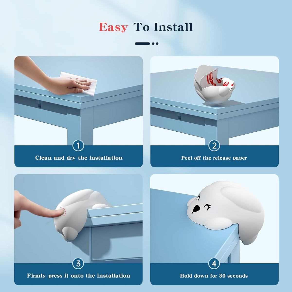 Set of four cartoon baby proof corner protectors for furniture edges, suitable for tables, desks, and cabinets.