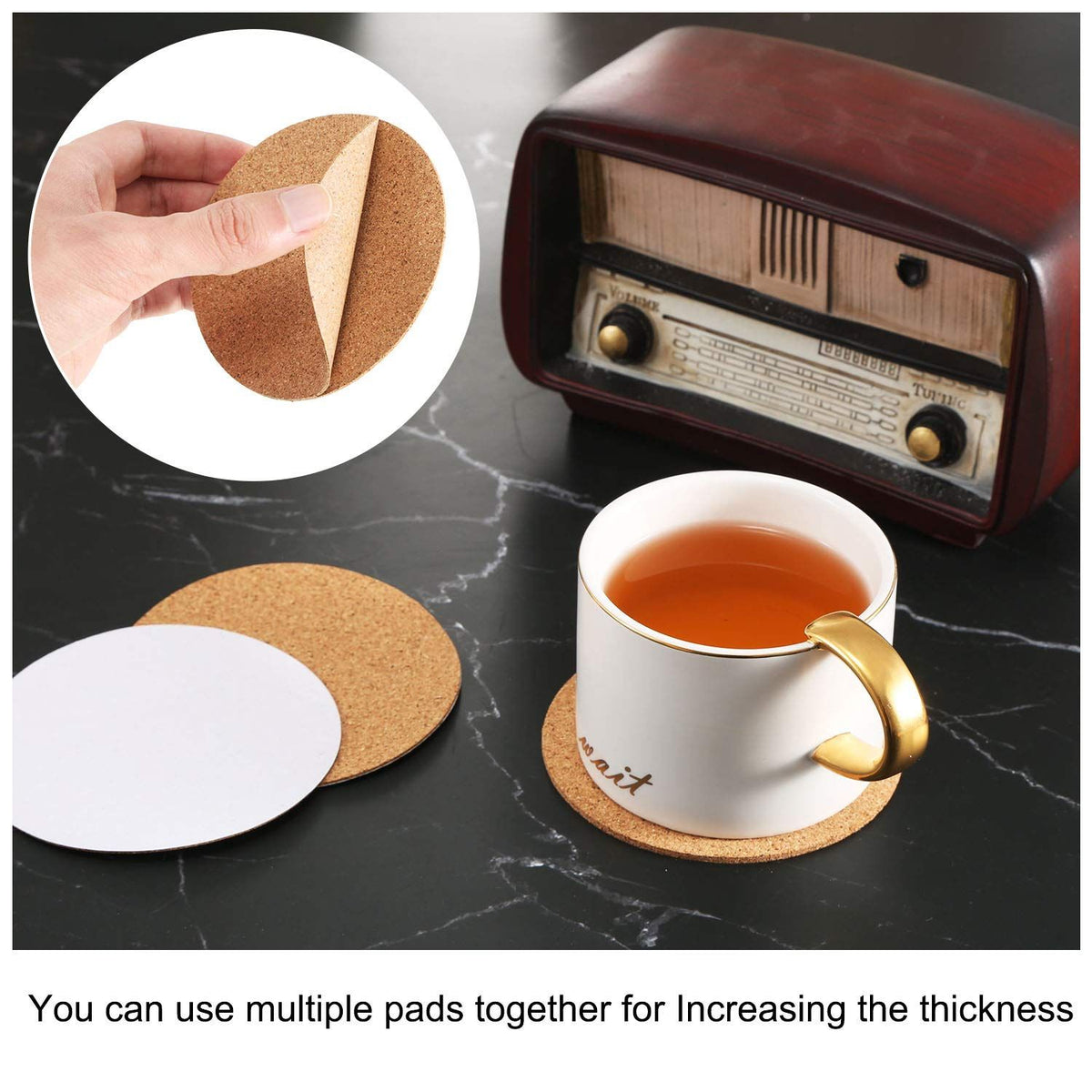 Round self-adhesive cork coasters and mats from Everything Baby, ideal for DIY crafts and coaster backing, shown in the image.