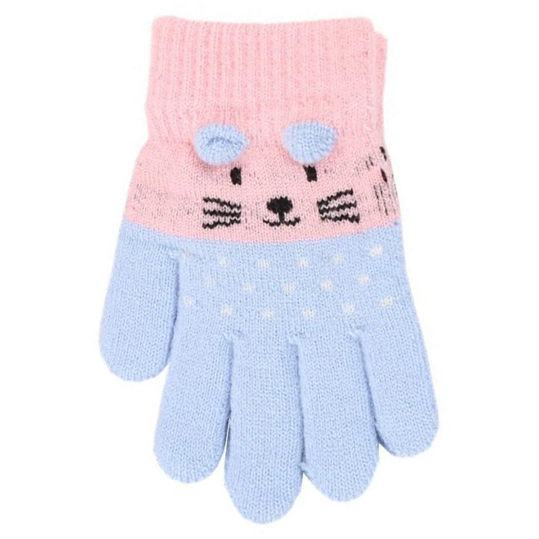 Two pairs of kids' cute cat-themed knitted winter gloves for boys and girls, toddler sizes 3-7 years, warm and cozy for cold weather