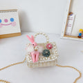 Cute girls princess purse with crown design, pearl handle, bunny cartoon details, perfect for toddlers and young kids.