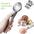 Two stainless steel ice cream scoops with trigger handle, heavy duty design for serving ice cream and fruit.