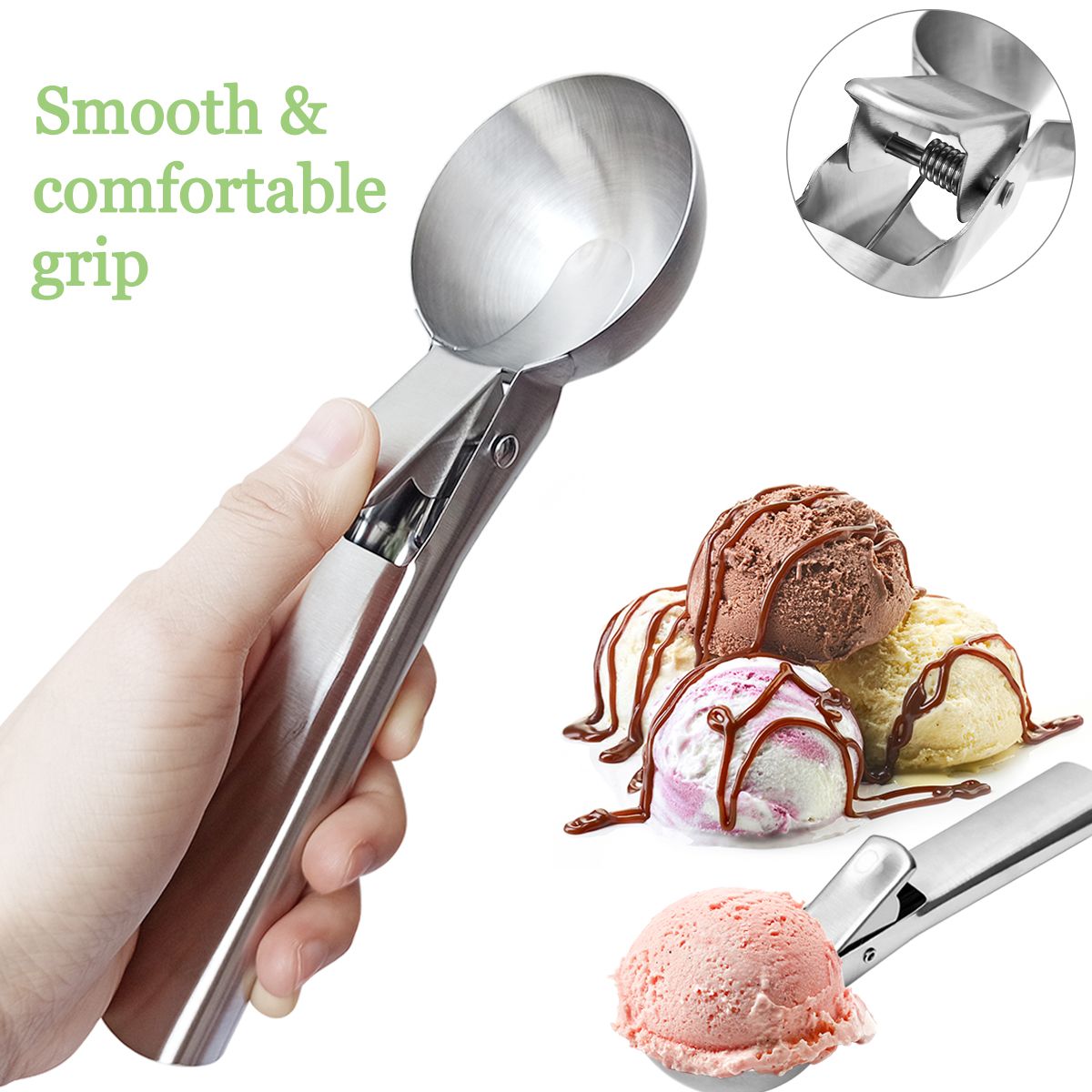 Two stainless steel ice cream scoops with trigger handle, heavy duty design for serving ice cream and fruit.