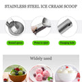 Two stainless steel ice cream scoops with trigger handles, suitable for serving ice cream and fruit in a baby and kids feeding setting.