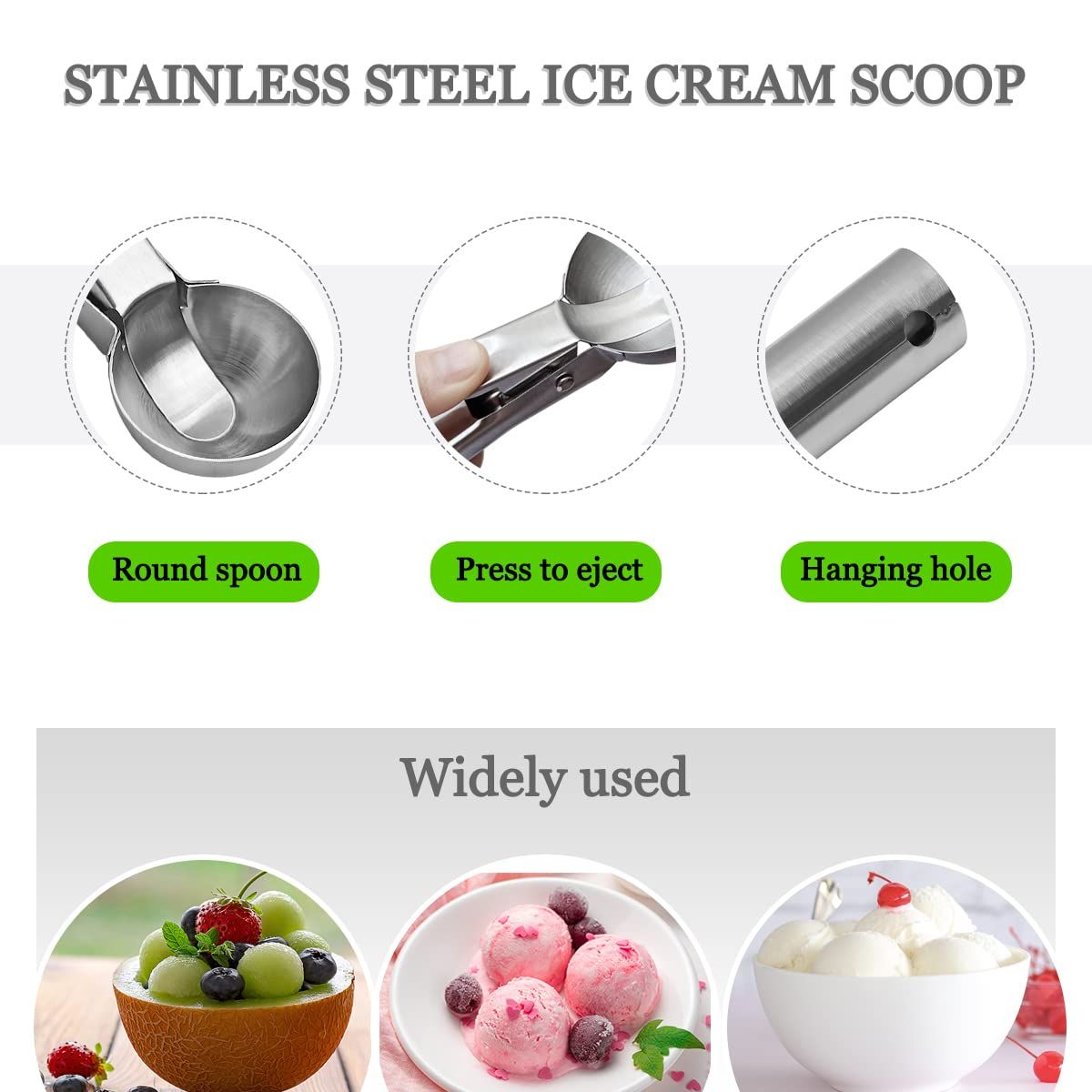 Two stainless steel ice cream scoops with trigger handles, suitable for serving ice cream and fruit in a baby and kids feeding setting.