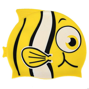 Two packs of Kids Cartoon Fish Swim Caps by Everything Baby, waterproof silicone swimming hats for children, stretchy and comfortable.