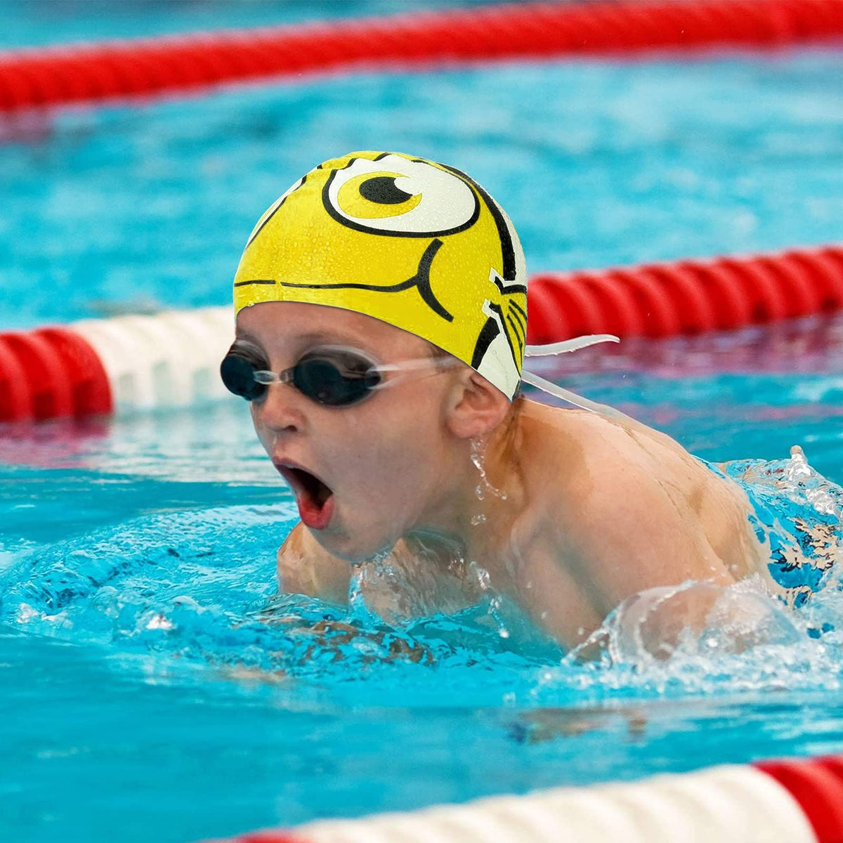 Two packs of Kids Cartoon Fish Swim Caps by Everything Baby, waterproof silicone swimming hats for girls and boys, stretchy and elastic.