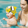 Two packs of kids cartoon fish swim caps by Everything Baby, waterproof silicone swimming hats for children, stretchy and elastic.