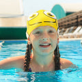 Two packs of Kids Cartoon Fish Swim Caps for children, waterproof silicone swimming hats by Everything Baby, stretchy and colorful.