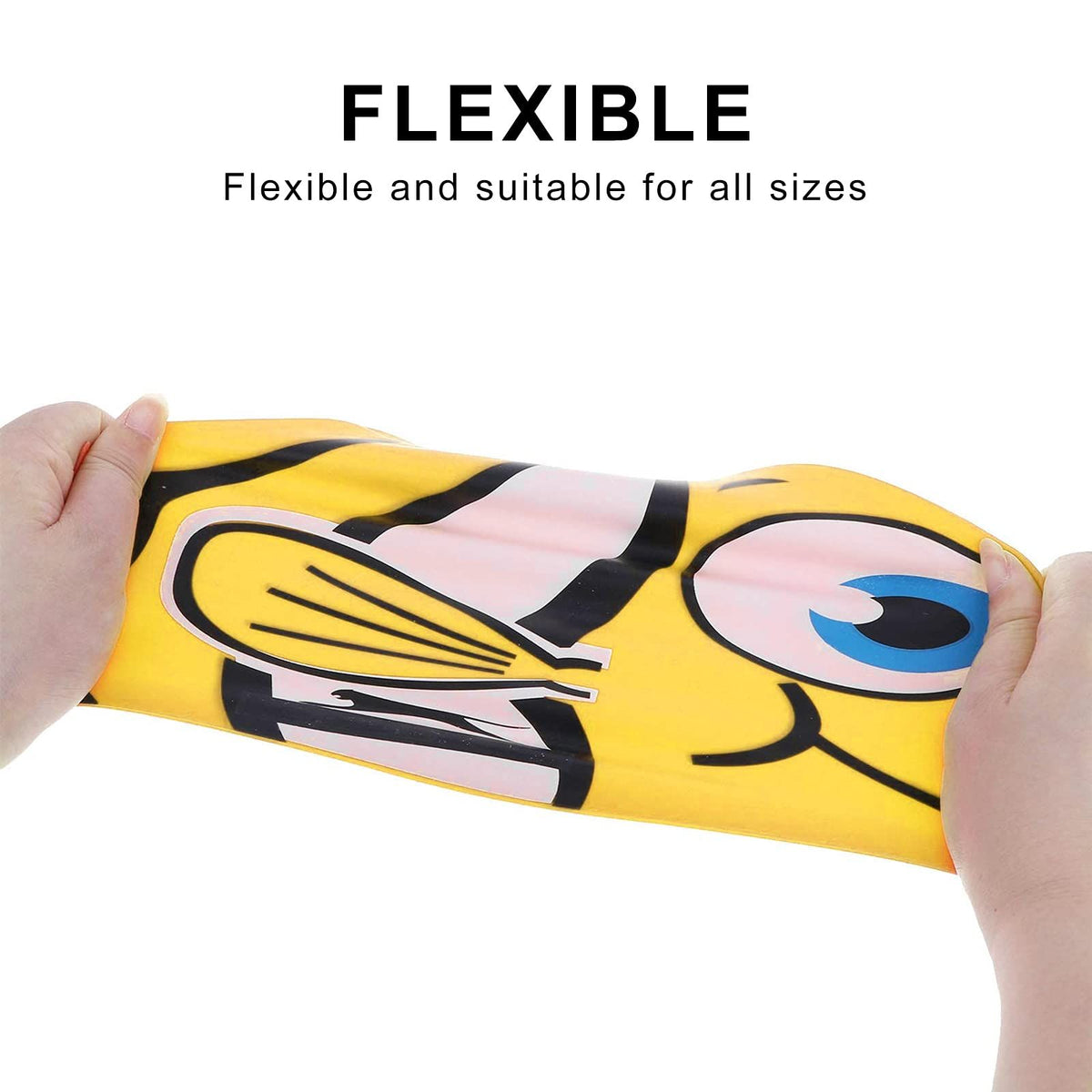 Two packs of Kids Cartoon Fish Swim Caps by Everything Baby, stretchy silicone swimming hats for children, waterproof and elastic.