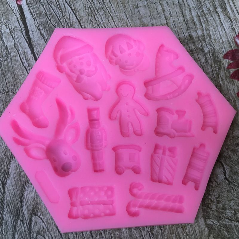 Christmas Santa and elk gift sock silicone molds for cake, fondant, biscuits, cookies, and dessert decoration.
