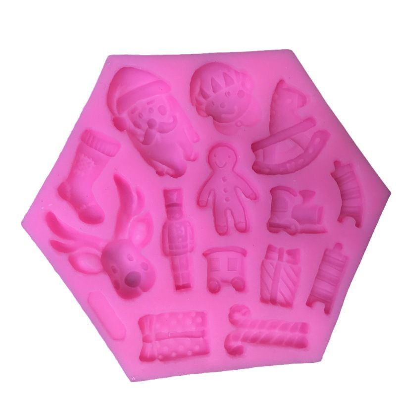 Two Christmas Santa and elk-themed silicone molds for cake, fondant, cookies, and dessert decoration, ideal for holiday baking.