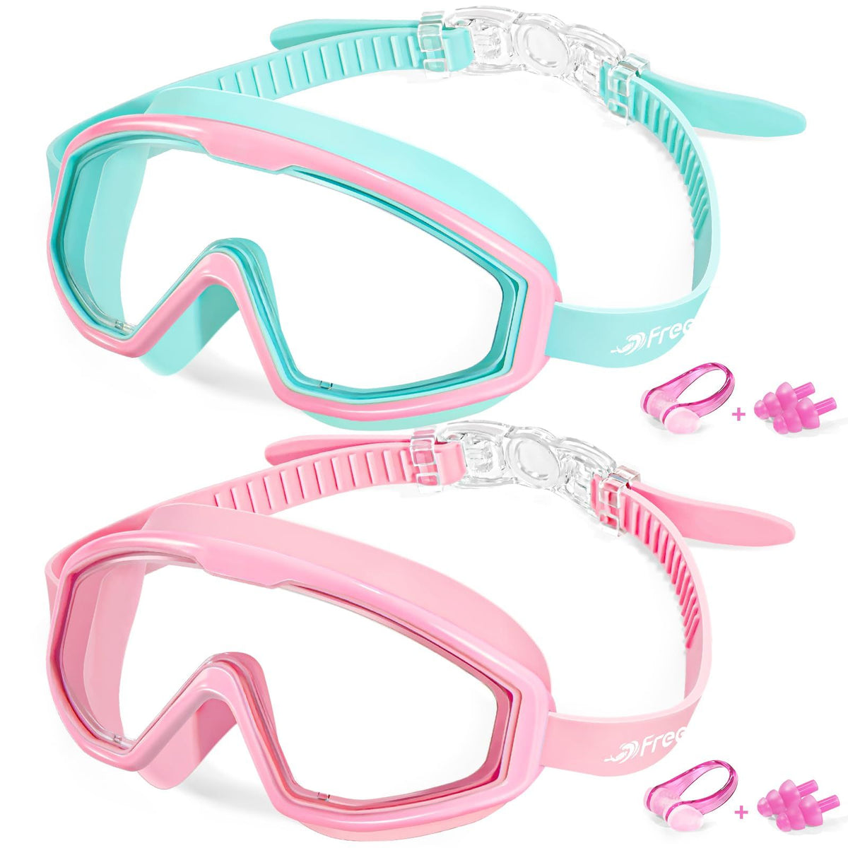 Clear toddler swim goggles for kids ages 3-15, anti-fog, no leak design, suitable for boys and girls at pool or beach.