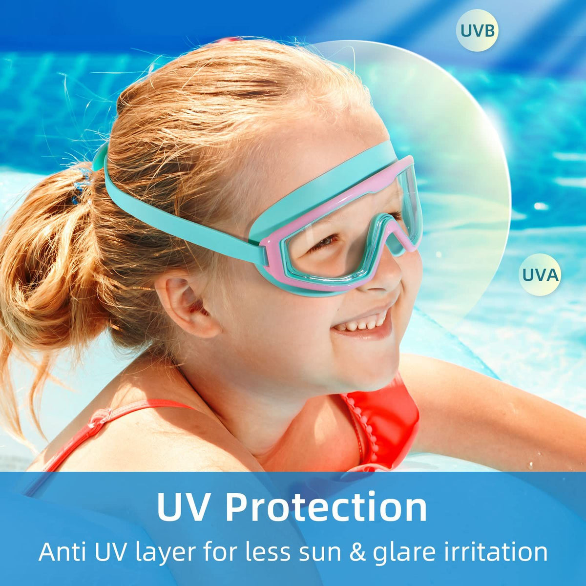Clear toddler swim goggles for kids ages 3-15 by Everything Baby, anti-fog, no leak design, suitable for pool and beach swimming.