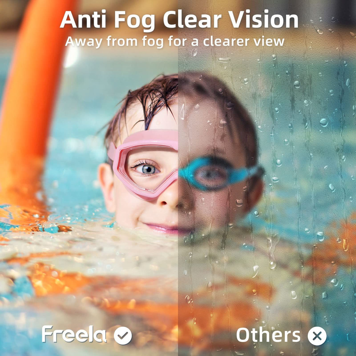 Clear toddler swim goggles for kids ages 3-15, anti-fog, no leak design, suitable for boys and girls during pool or beach swimming.
