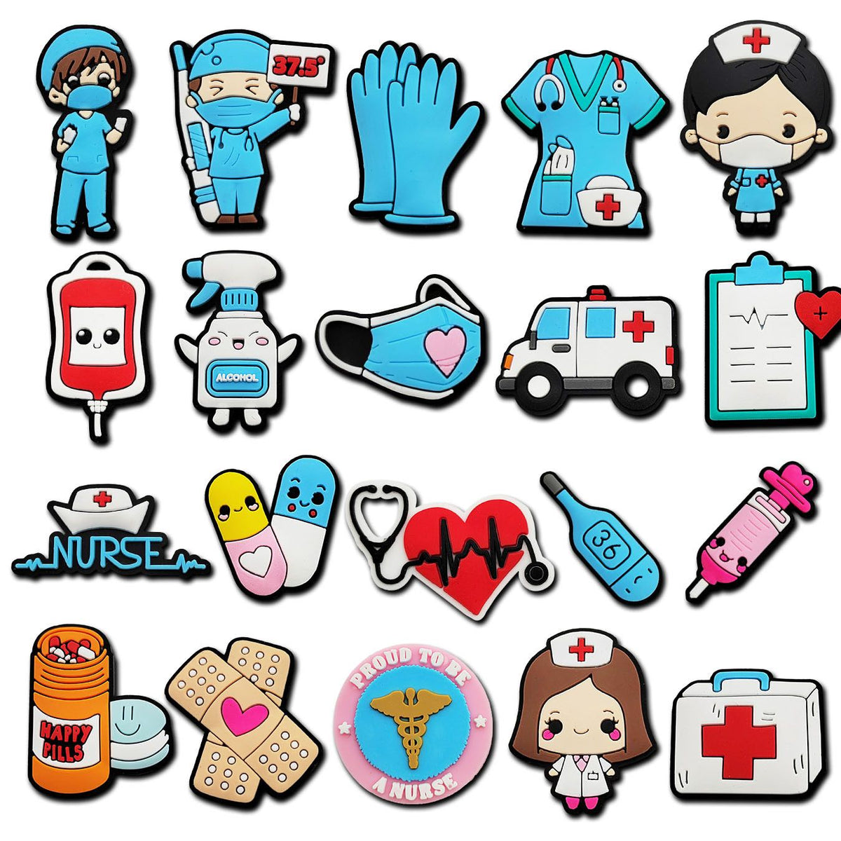 Set of 20 colorful shoe charms for clog shoes, featuring various cute, girly shapes for kids and teens, by Everything Baby.