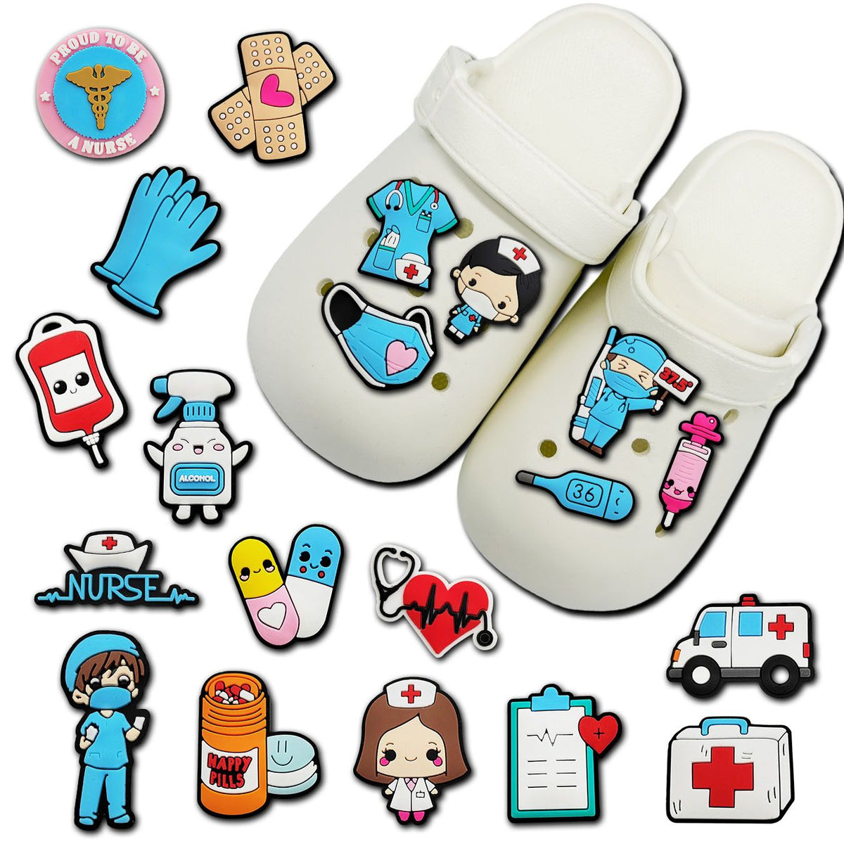 Set of 20 colorful shoe charms for clogs, featuring cute and playful designs perfect for girls, kids, teens, and women.