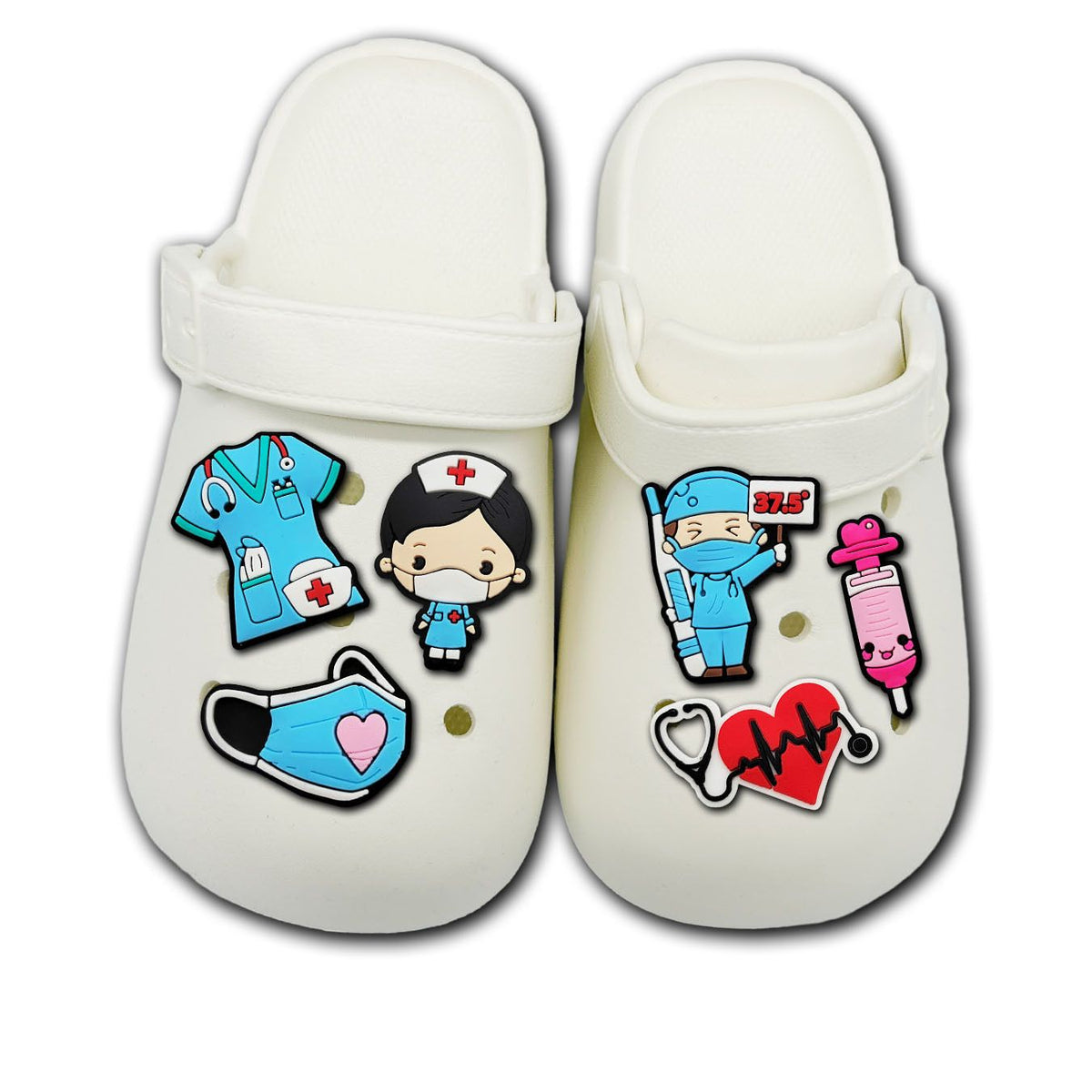 Set of 20 cute, colorful shoe charms in various shapes for clog shoes, perfect as girl and kid shoe decoration by Everything Baby.