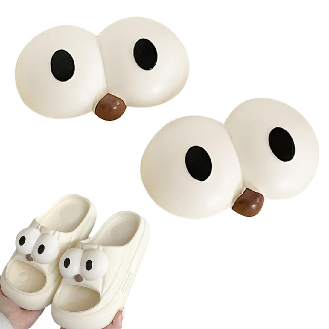 Pair of cute 3D big eyes shoe charms for girls and women, decorative accessories for sandals, kawaii and aesthetic style.