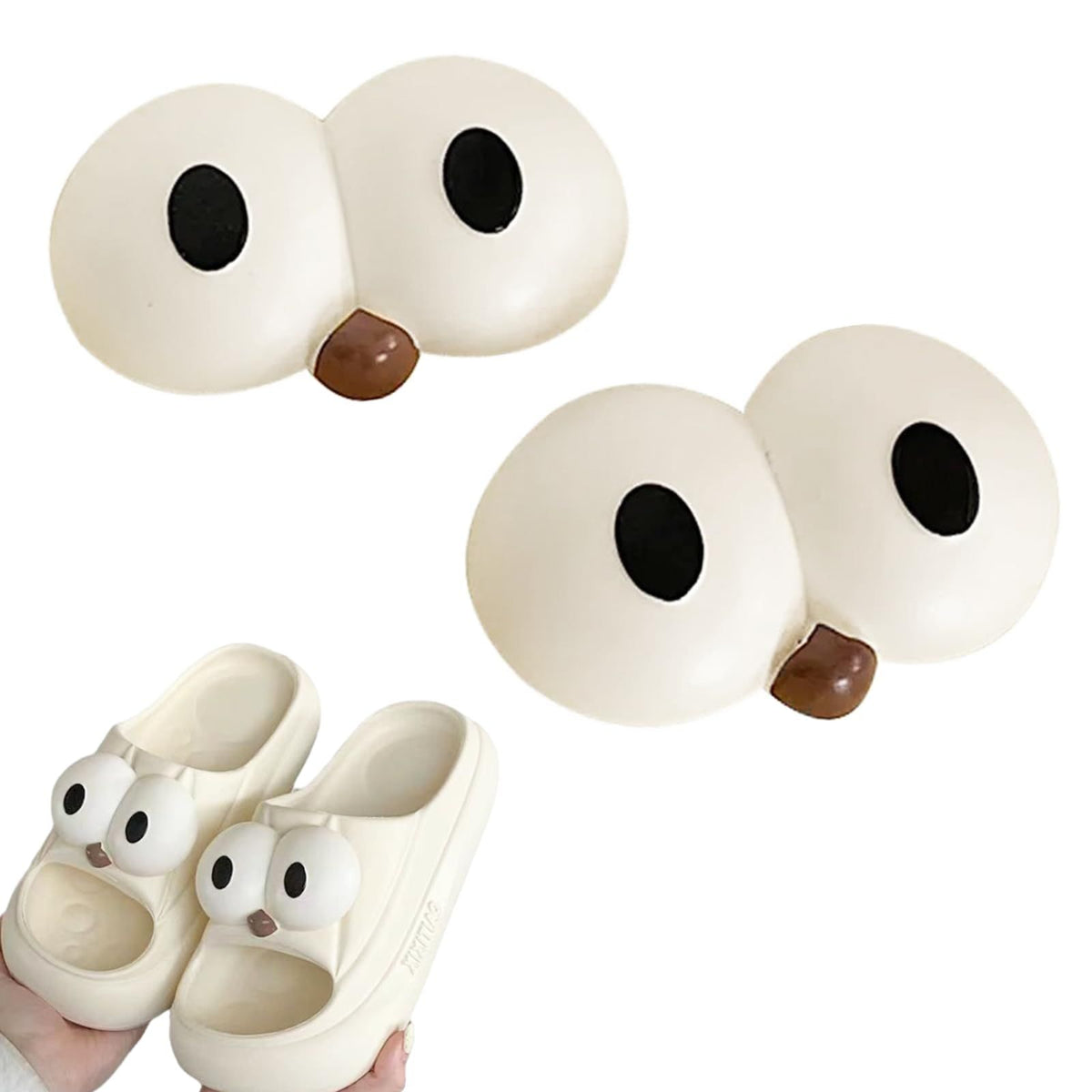 Pair of cute 3D big eyes shoe charms for girls and women, decorative accessories for sandals, kawaii and aesthetic style.