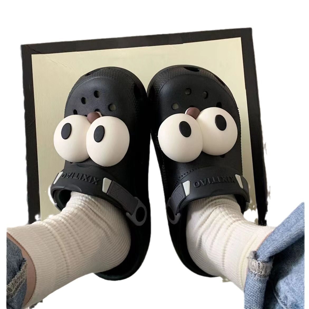 Pair of cute 3D big eyes shoe charms for girls and women, decorative accessories for sandals, designed by Everything Baby.