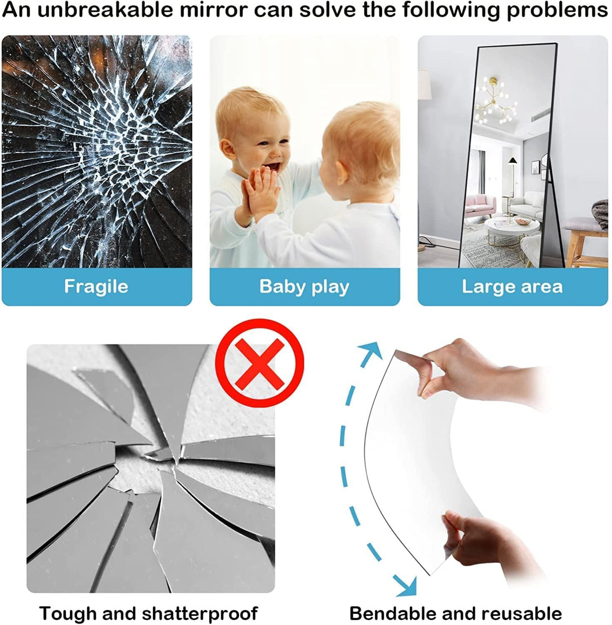 Unbreakable full body mirror tiles for nursery or living room, ideal for baby and toddler safety, by Everything Baby