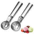 Two stainless steel ice cream scoops with triggers and comfortable handles, ideal for serving ice cream or baby food.